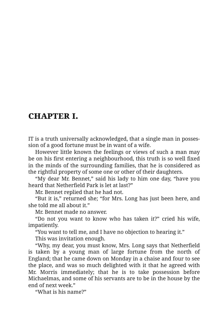 Pride and Prejudice chapter opening with a lowered heading, flush first paragraph and indented body text.