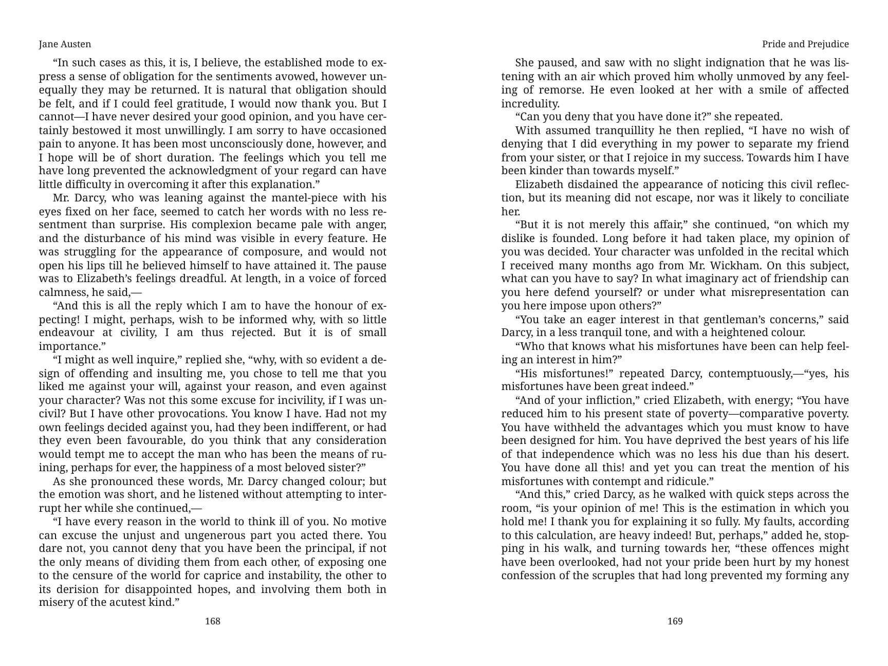 Facing pages from Pride and Prejudice, showing mirrored margins, running heads and page numbers on opposite sides.