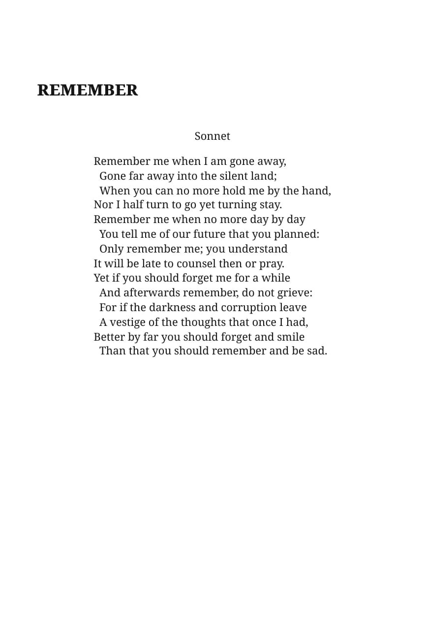 Remember by Christina Rossetti, typeset with preserved verse lines and an optically centred poem block.
